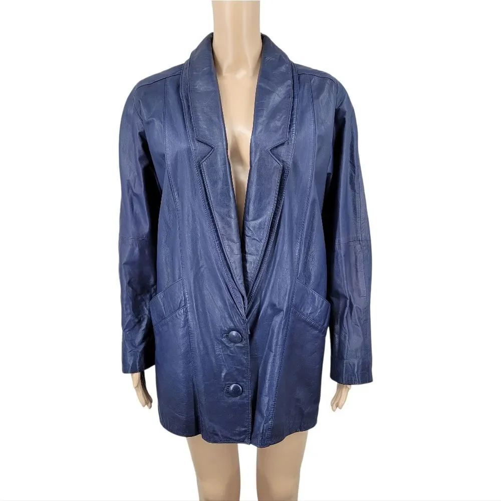 Vintage 80s Women's Navy Blue Leather Jacket Double Lapel